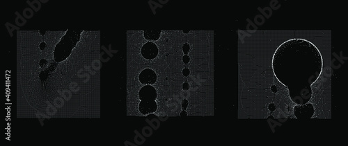 Ordered array of particles, surface made of dots. Conceptual illustration of fluid matter with oscillation and fluctuation. Generative computer art.