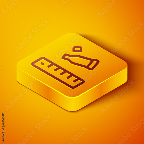 Isometric line Bullet casing as a piece of evidence placed with forensic ruler for documentation icon isolated on orange background. Concept of crime scene. Yellow square button. Vector.