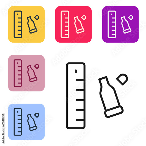 Black line Bullet casing as a piece of evidence placed with forensic ruler for documentation icon isolated on white background. Concept of crime scene. Set icons in color square buttons. Vector.