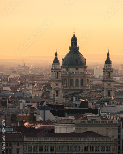 The St Stephen's Basilica and Budapest cityscape at sunrise or sunset in Hungary