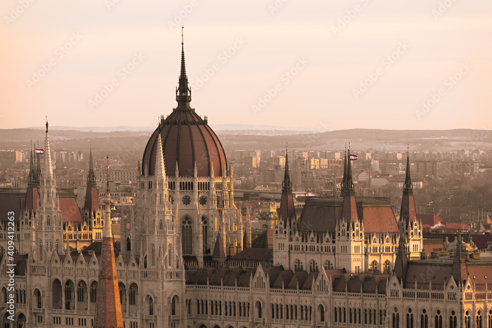 The Hungarian Parliament Building in Budapest, Hungary at sunrise or sunset