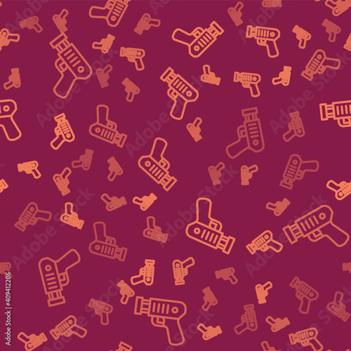 Brown line Police electric shocker icon isolated seamless pattern on red background. Shocker for protection. Taser is an electric weapon. Vector.