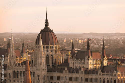 The Hungarian Parliament Building in Budapest, Hungary at sunrise or sunset