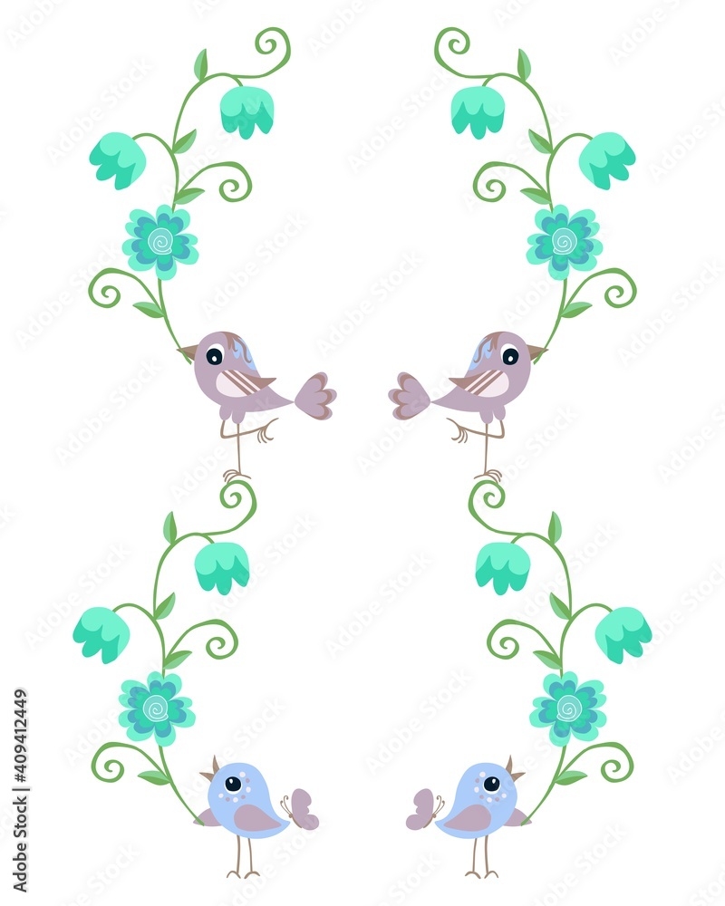 Beautiful card with birds and flowers on white background. Cute vector illustration.