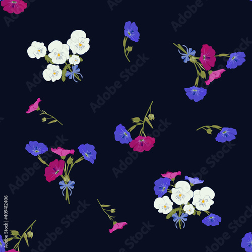 Seamless vector illustration with pansies and flowers flax in a dark background.