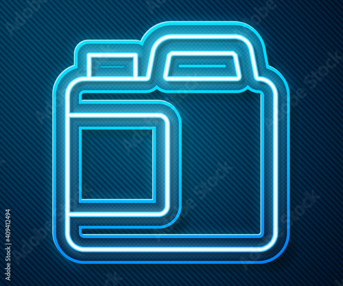 Glowing neon line Plastic bottle for laundry detergent, bleach, dishwashing liquid or another cleaning agent icon isolated on blue background. Vector.