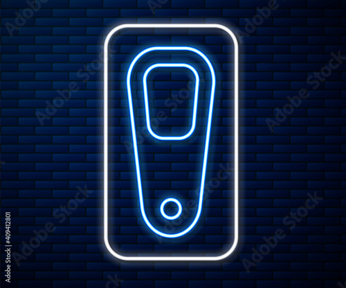Glowing neon line Pumice for feet icon isolated on brick wall background. Foot cleaning. Skin beauty cosmetology leg care. Vector.