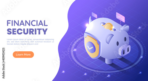 Isometric Web Banner Piggy Bank Full of Money with A Shield