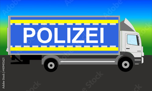 Polizei Lkw Lastkraftwagen mit Fahrtrichtung rechts