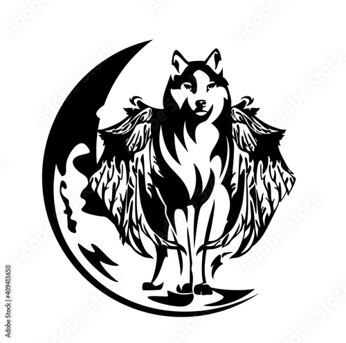 black and white vector outline of standing mythical winged wolf simuran and crescent moon