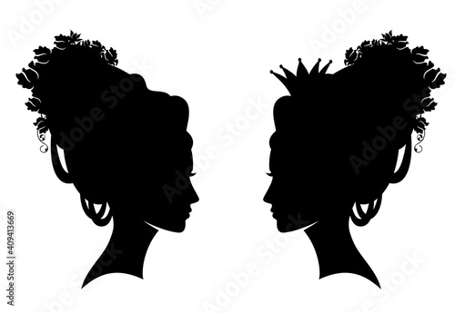fairy tale queen or princess with rose flowers and marie antoinette style hair black and white vector silhouette portrait