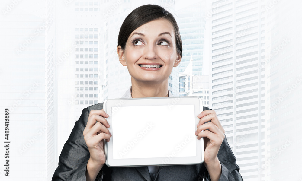 Businesswoman holding tablet computer layout Businesswoman holding tablet computer layout