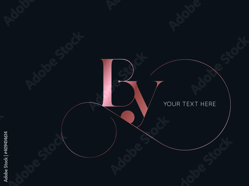 BY monogram logo.Abstract typographic signature icon.Letter b and letter y.Lettering sign isolated on dark background.Alphabet initials.Wedding pink color characters and swirl element.