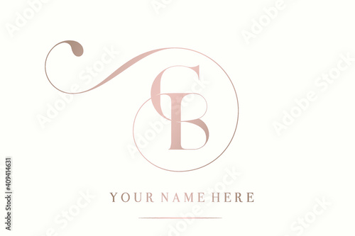 CB monogram logo.Abstract typographic signature icon.Letter c and letter b.Lettering sign isolated on light background.Alphabet initials.Wedding rose gold characters and swirl element. photo