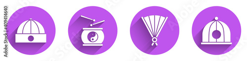 Set Chinese hat, Chinese drum, Paper chinese folding fan and Chinese hat icon with long shadow. Vector.
