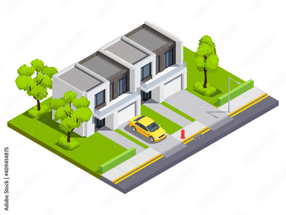 Suburban Buildings Isometric Vector Illustration Suburban Buildings Isometric Vector Illustration