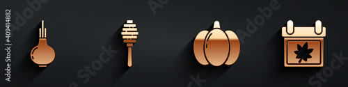 Set Onion, Honey dipper stick, Pumpkin and Calendar with autumn leaves icon with long shadow. Vector.