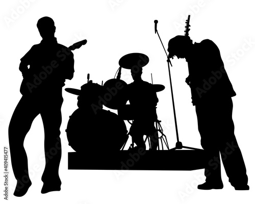 Rock band musicians on stage. Isolated silhouettes on a white background