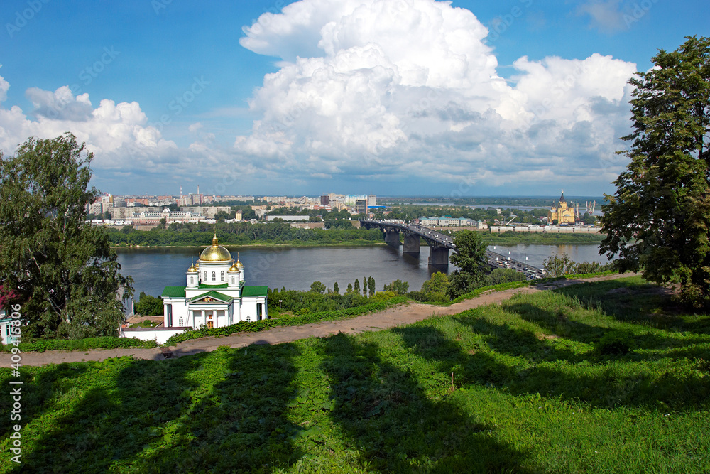 Panoramic view of Nizhny Novgorod. View of the Nizhnevolzhskaya Embankment and the Nizhny Novgorod Kremlin, a city on the Volga River Russia