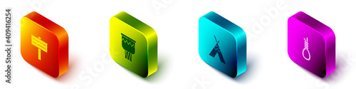 Set Isometric Road traffic signpost, Drum, Indian teepee or wigwam and Gallows rope loop hanging icon. Vector.