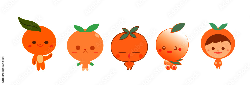 Naklejka premium Set of cartoon Orange mascot. Collection of Orange mascot. Isolated Vector Illustration on white background.