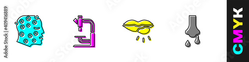Set Psoriasis or eczema rash, Microscope, Herpes lip and Runny nose icon. Vector.