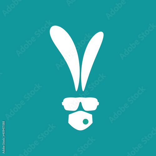 white flat hipster rabbit avatar with glasses and medical mask isolated on blue