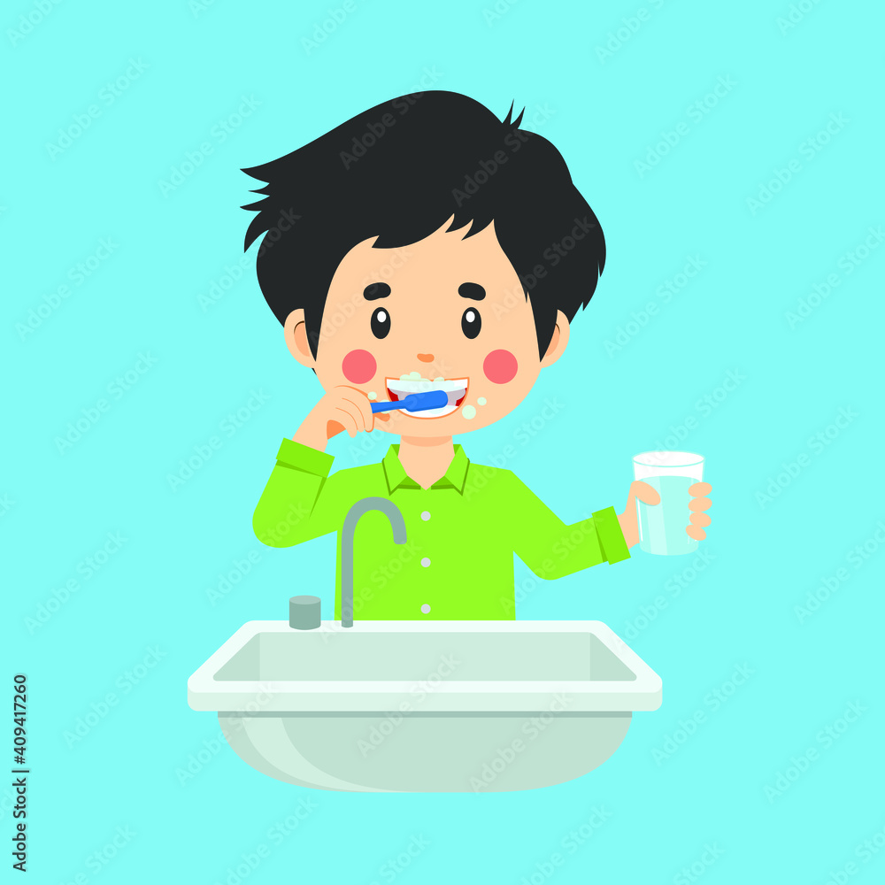 Happy Cute Kid Boy Brush Clean Teeth