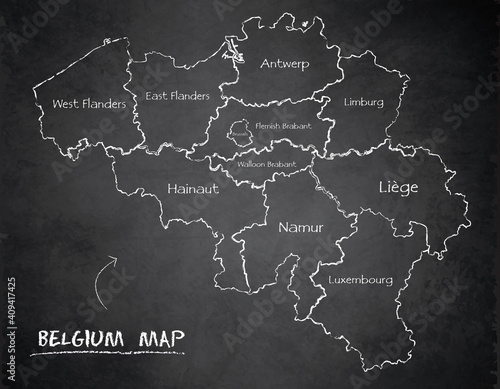 Belgium map administrative division, separates regions and names, design card blackboard chalkboard vector