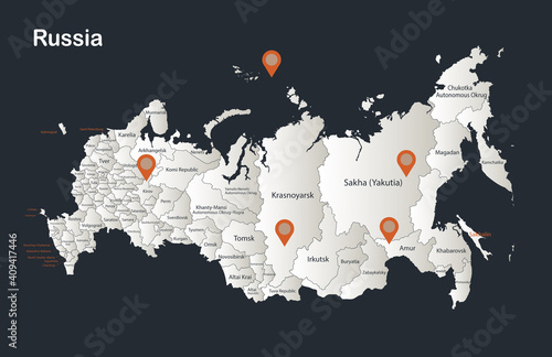 Russia map, Infographics flat design colors snow white, with names of individual regions vector