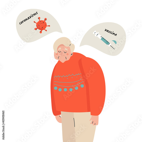Old lady chooses between the coronavirus vaccine and the refusal of the vaccine concept flat vector illustration in cartoon style. A metaphor for thinking about a new coronavirus vaccine. Covid-19