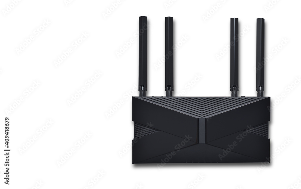 Modern black wi-fi router on a white background with copy space Modern black wi-fi router on a white background with copy space