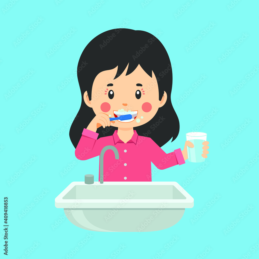 Happy Cute Kid Girl Brush Clean Teeth Happy Cute Kid Girl Brush Clean Teeth