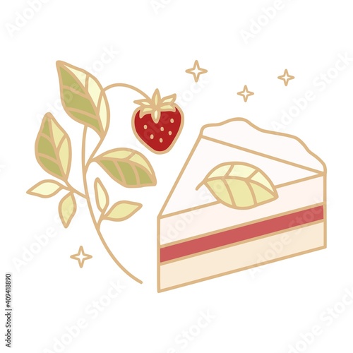 Hand drawn cake, pastry, and bakery logo elements in linear style and isolated white background with strawberry and floral elements