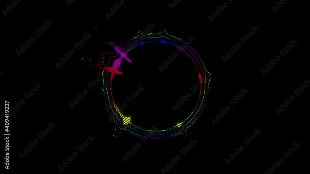Abstract rectangle circle spinning spectral wave design on black background vibrating spectrum wave form. Audio spectrum simulation for music futuristic animation Abstract rectangle circle spinning spectral wave design on black background vibrating spectrum wave form. Audio spectrum simulation for music futuristic animation