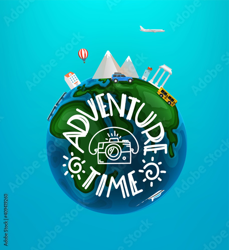 Adventure time concept. Vector travel illustration with different famous sights and vehicles