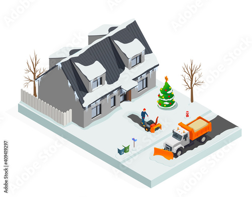 Snow Cleaning Isometric Composition