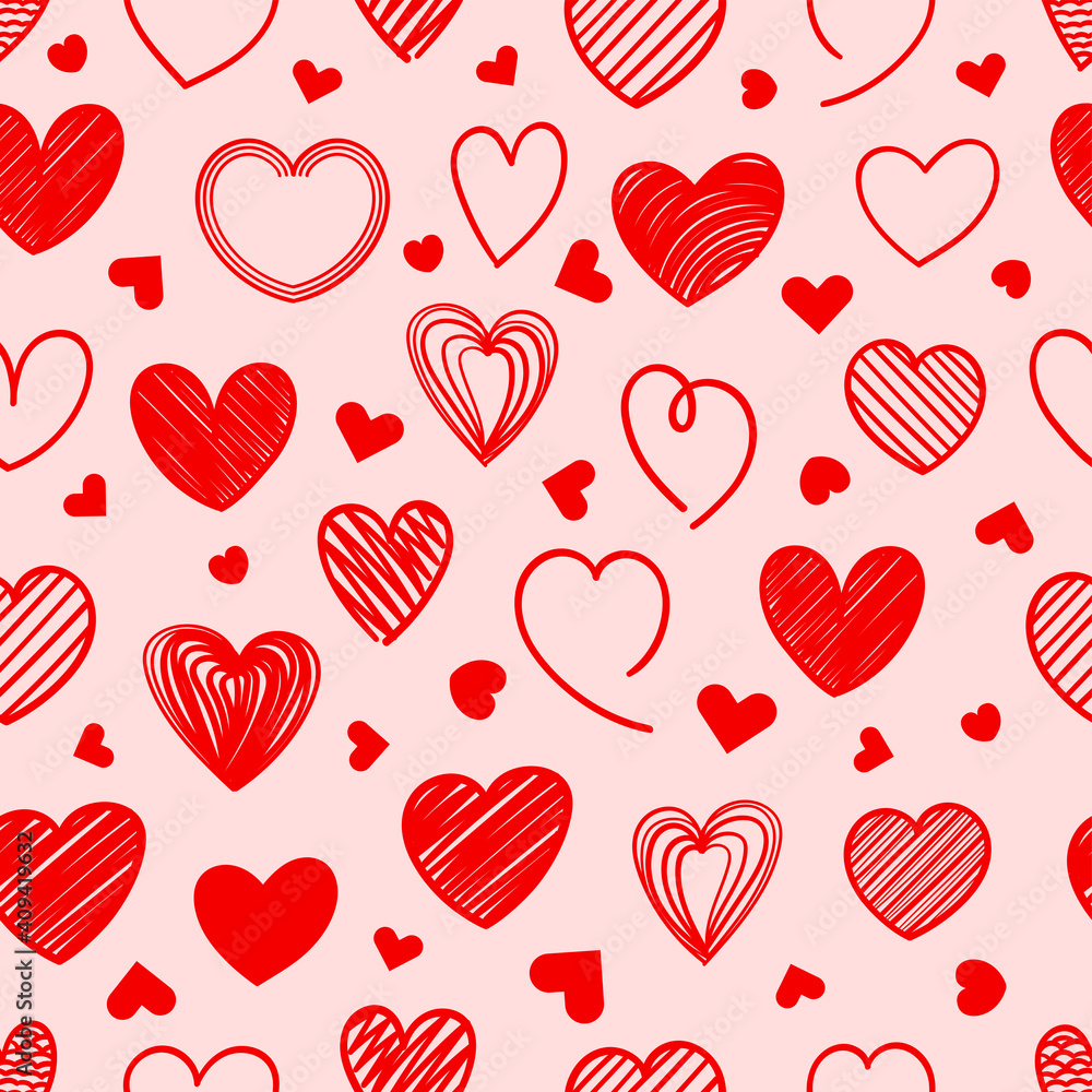 Red doodle hearts vector seamless background