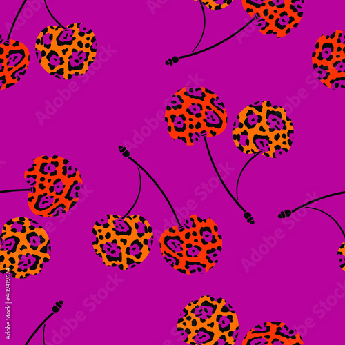 Cherry with a leopard pattern. Berry background. Ornament in bright tones