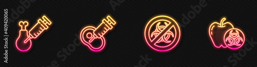 Set line Stop GMO, Gmo research chicken, Genetically modified meat and apple. Glowing neon icon. Vector.