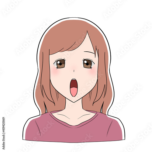 ピンクの私服を着た女性　口を開ける　表情