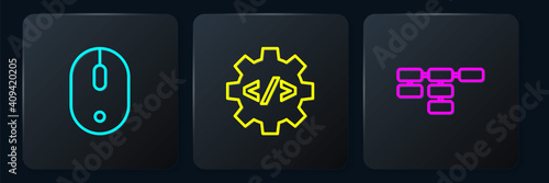 Set line Computer mouse, Site map and Front end development. Black square button. Vector.