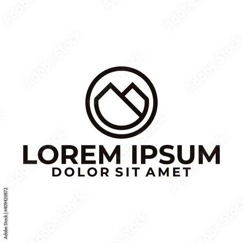 Twin mountain logo template with modern geometric circle japanese kamon line art illustration in flat design monogram symbol.