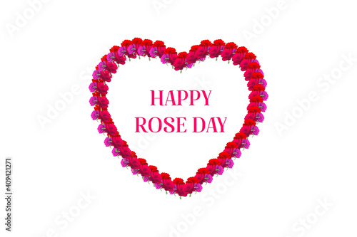 happy rose day background with heart shape red rose buds and typography of happy rose day text . Vector illustration. Wallpaper, flyers, invitation, posters, brochure, banners. 