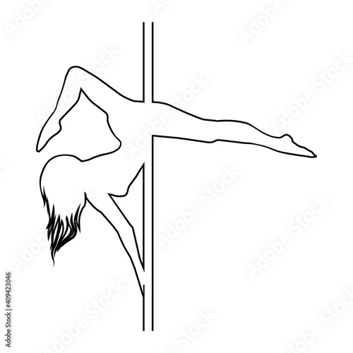 Pole dancer with long hair hanging on the pole upside down on the white background.
