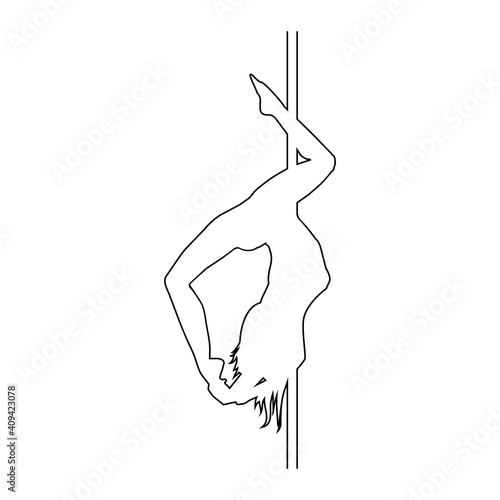 Pole dancer with long hair hanging on the pole upside down on the white background.