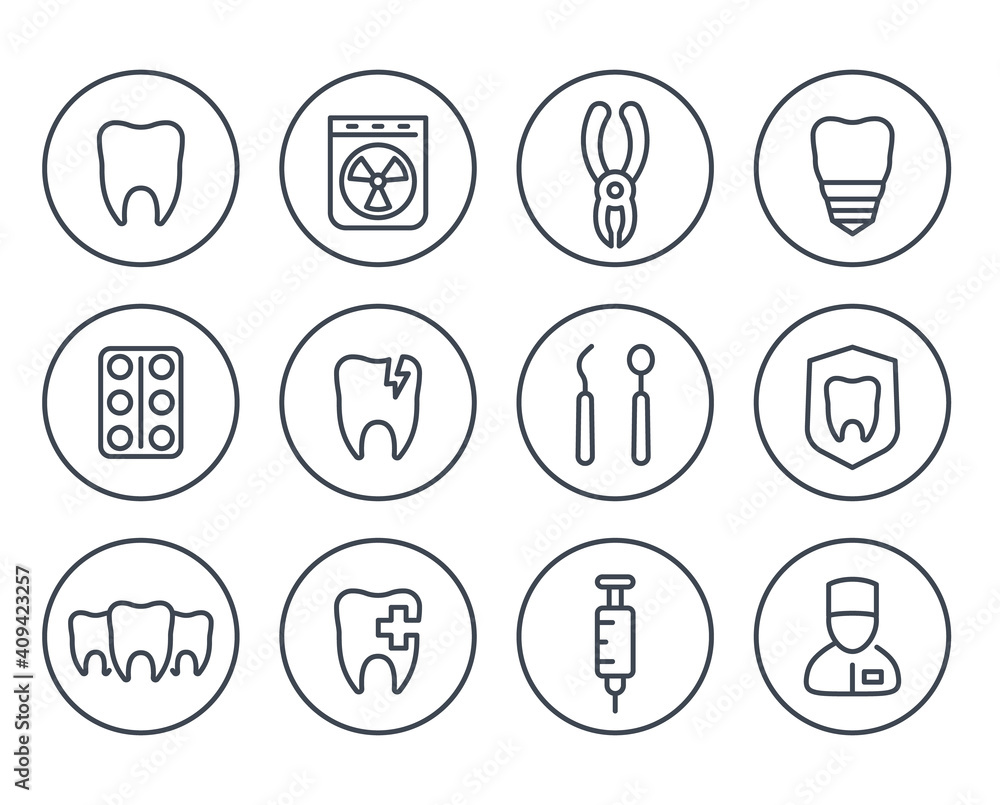 Oral medicine, stomatology, dental surgery, dentistry, teeth line icons on white Oral medicine, stomatology, dental surgery, dentistry, teeth line icons on white