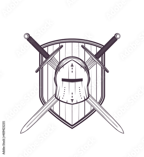 medieval helmet, swords and shield vector illustration