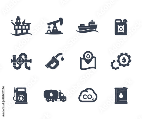 Petroleum industry icons on white, gas station, petrol canister, gasoline nozzle, barrel, oil production platform, rig, derrick, tanker ship