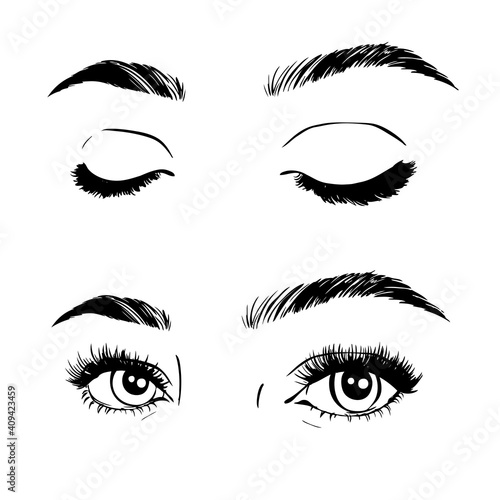 Female woman eyes and brows image collection set.